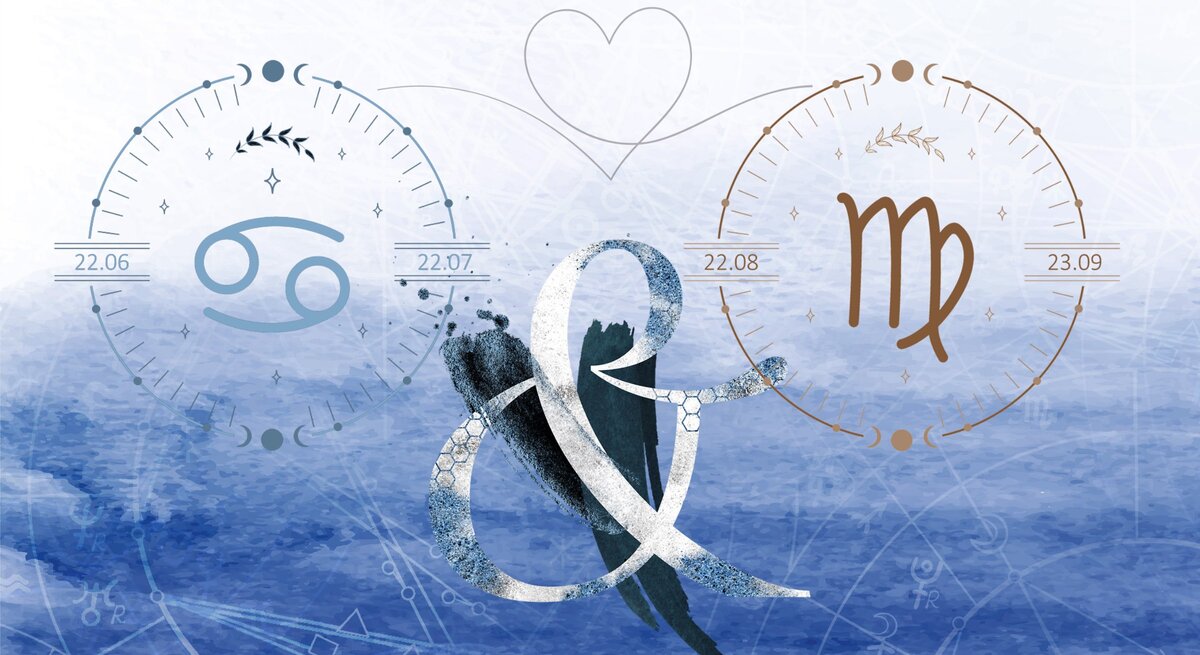 Die astrologischen Symbole der Sternzeichen Krebs und Jungfrau.