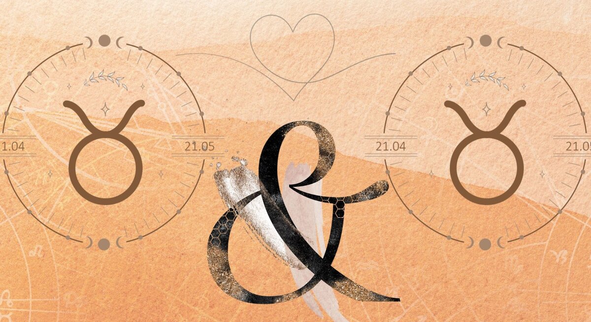 Die astrologischen Symbole der Sternzeichen Stier und Stier vor einer orangefarbenen Aquarellzeichnung.