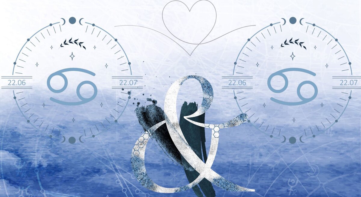 Die astrologischen Symbole der Sternzeichen Krebs und Krebs vor einer hellblauen Aquarellzeichnung.