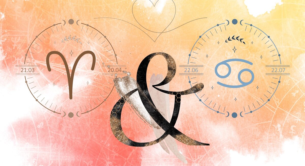 Die astrologischen Symbole der Sternzeichen Widder und Krebs vor einer orangefarbenen Aquarellzeichnung.