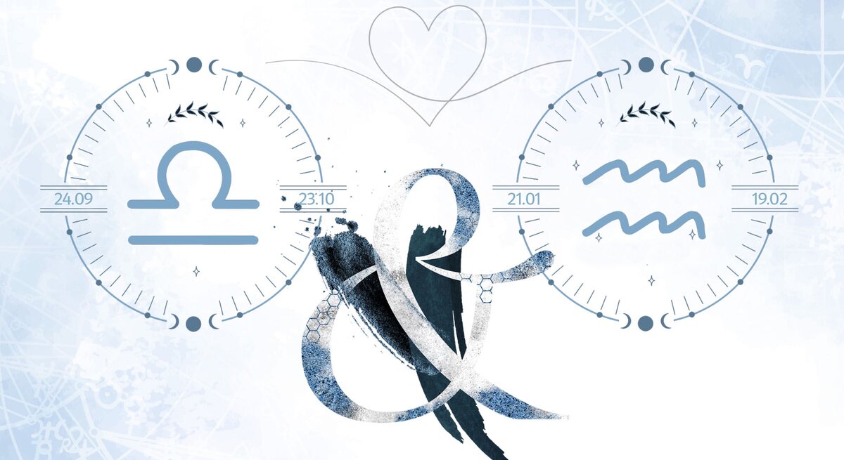 Die astrologischen Symbole der Sternzeichen Waage und Wassermann vor einer blauen Aquarellzeichnung.