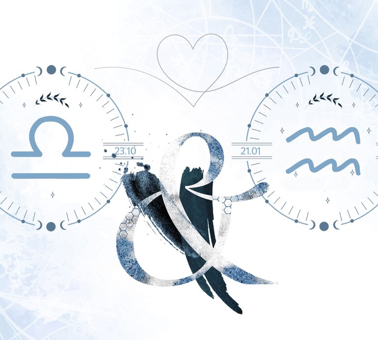 Die astrologischen Symbole der Sternzeichen Waage und Wassermann vor einer blauen Aquarellzeichnung. | © Shutterstock, GettyImages