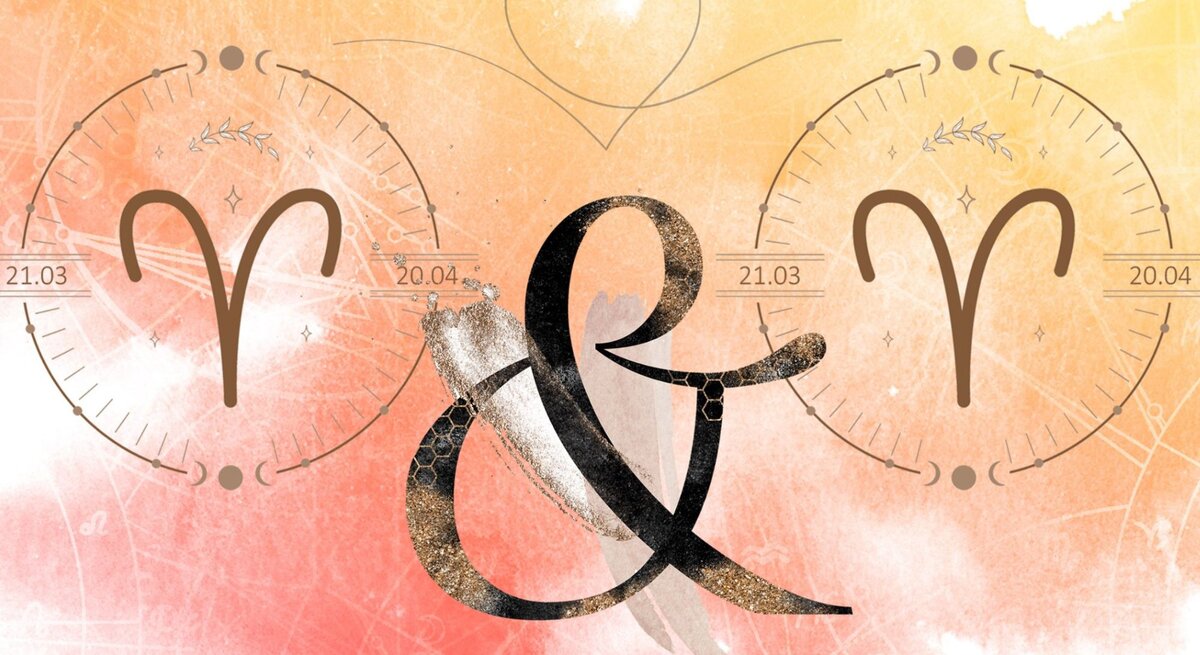 Die astrologischen Symbole der Sternzeichen Widder und Widder vor einer orangefarbenen Aquarellzeichnung.