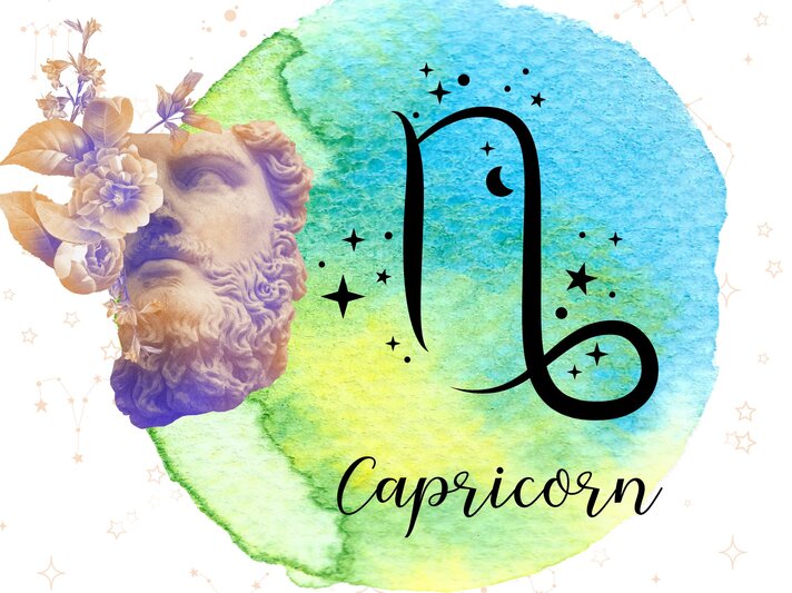 Das astrologische Symbol des Sternzeichens Wassermann vor einem blau-grünen Kreis, der mit Aquarelltechnik gezeichnet wurde. Daneben steht eine griechische historische Skulptur, umgeben von floralen Ornamenten in zarten Rosétönen. Im Hintergrund sind Grafiken goldener Sterne zu sehen. | © Natali Batu, Artist4love, OneyWhyStudio und samudri7 via Canva.com [M]