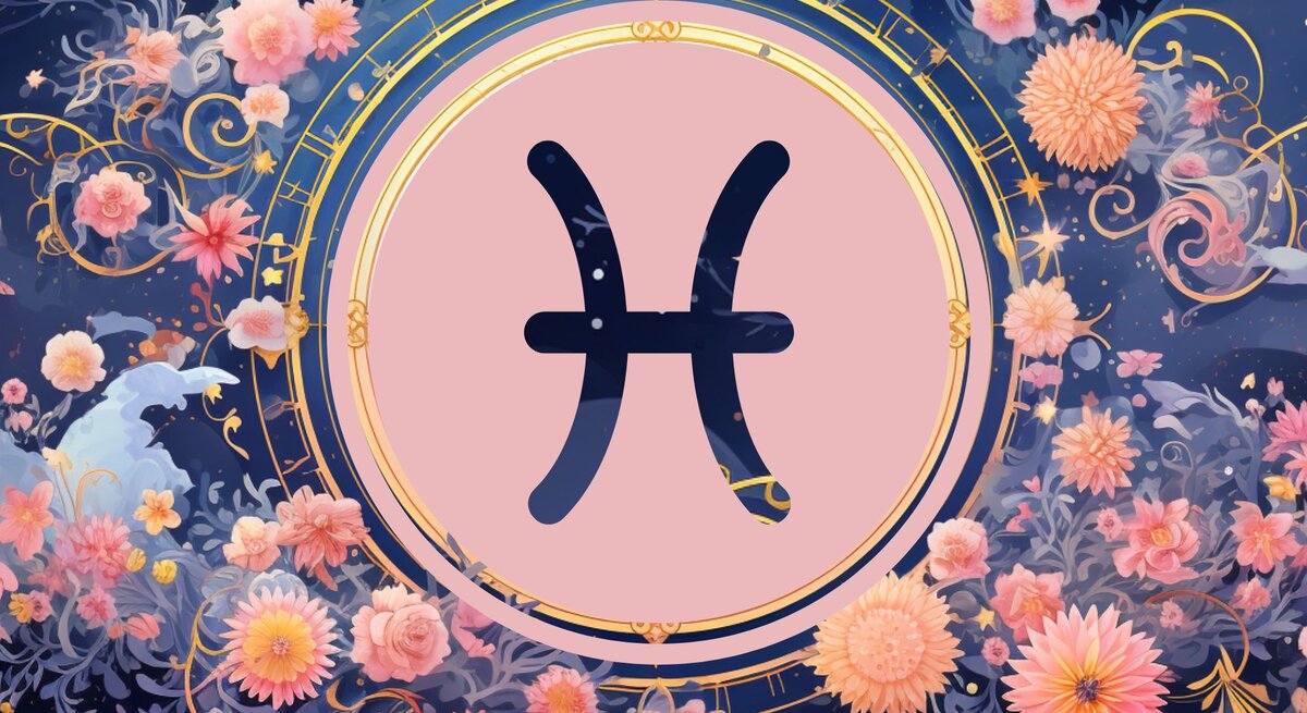Jahreshoroskop Fische: Ein rundes astrologisches Symbol des Sternzeichens vor einem blauen Hintergrund voller floraler Ornamente und pastellenen pinkfarbenen Blumen, die sich darum herumranken.