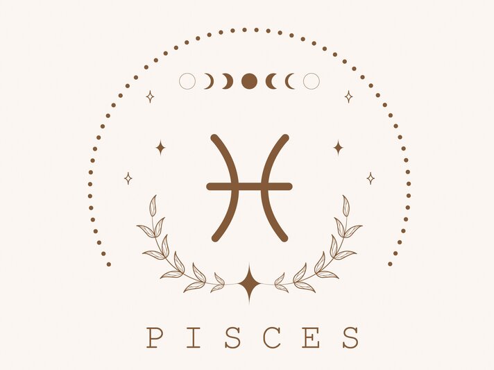 Zeichnung des astrologischen Symbols für das Sternzeichen Fische auf hellem Untergrund, umrahmt von Punkten und dem Mond in seinen verschiedenen Phasen. | © Adobe Stock/ KeronnArt