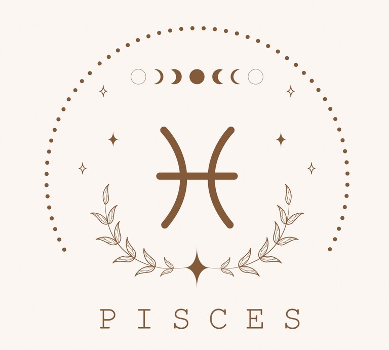 Zeichnung des astrologischen Symbols für das Sternzeichen Fische auf hellem Untergrund, umrahmt von Punkten und dem Mond in seinen verschiedenen Phasen. | © Adobe Stock/ KeronnArt