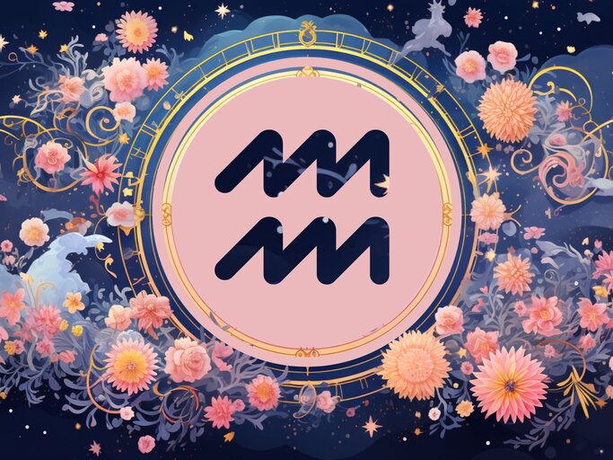 Jahreshoroskop Wassermann: Ein rundes astrologisches Symbol des Sternzeichens vor einem blauen Hintergrund voller floraler Ornamente und pastellenen pinkfarbenen Blumen, die sich darum herumranken. | © KI-generiert und Nack Thanakorn via Canva.com
