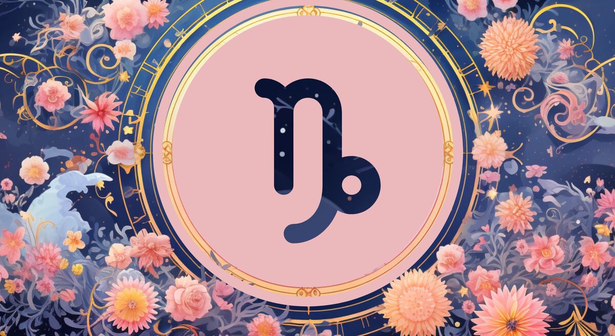 Jahreshoroskop Steinbock: Ein rundes astrologisches Symbol des Sternzeichens vor einem blauen Hintergrund voller floraler Ornamente und pastellenen pinkfarbenen Blumen, die sich darum herumranken.