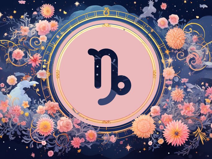 Jahreshoroskop Steinbock: Ein rundes astrologisches Symbol des Sternzeichens vor einem blauen Hintergrund voller floraler Ornamente und pastellenen pinkfarbenen Blumen, die sich darum herumranken. | © KI-generiert und Nack Thanakorn via Canva.com