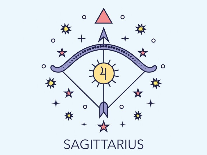 Zeichnung des astrologischen Symbols für das Sternzeichen Schütze vor hellblauem Hintergrund. | © Getty Images/goroskop