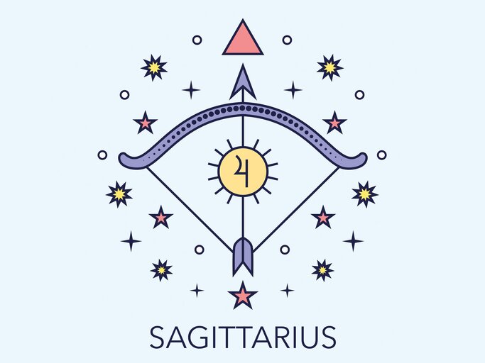 Zeichnung des astrologischen Symbols für das Sternzeichen Schütze vor hellblauem Hintergrund. | © Getty Images/goroskop
