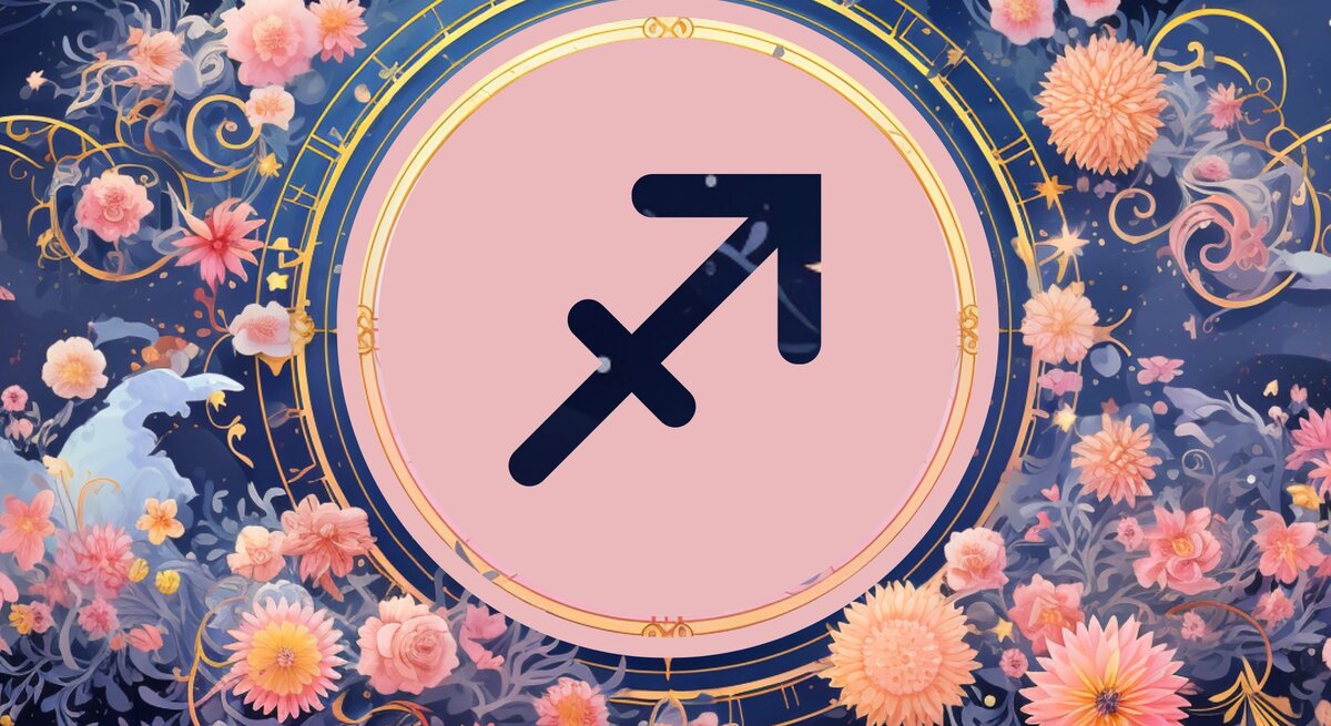 Jahreshoroskop Schütze: Ein rundes astrologisches Symbol des Sternzeichens vor einem blauen Hintergrund voller floraler Ornamente und pastellenen pinkfarbenen Blumen, die sich darum herumranken.