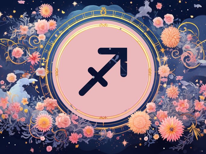 Jahreshoroskop Schütze: Ein rundes astrologisches Symbol des Sternzeichens vor einem blauen Hintergrund voller floraler Ornamente und pastellenen pinkfarbenen Blumen, die sich darum herumranken. | © KI-generiert und Nack Thanakorn via Canva.com