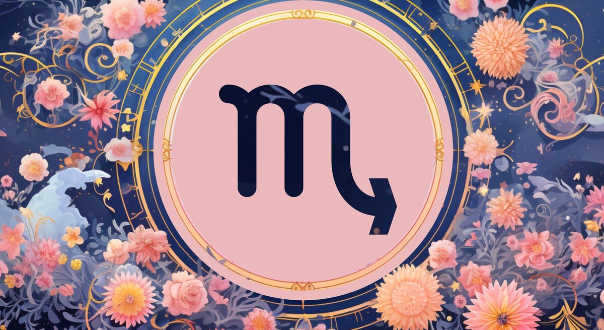 Jahreshoroskop Skorpion: Ein rundes astrologisches Symbol des Sternzeichens vor einem blauen Hintergrund voller floraler Ornamente und pastellenen pinkfarbenen Blumen, die sich darum herumranken.