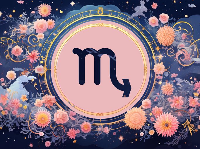 Jahreshoroskop Skorpion: Ein rundes astrologisches Symbol des Sternzeichens vor einem blauen Hintergrund voller floraler Ornamente und pastellenen pinkfarbenen Blumen, die sich darum herumranken. | © KI-generiert und Nack Thanakorn via Canva.com