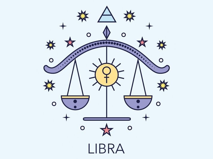 Zeichnung des astrologischen Symbols für das Sternzeichen Waage vor hellblauem Hintergrund. | © Getty Images/goroskop