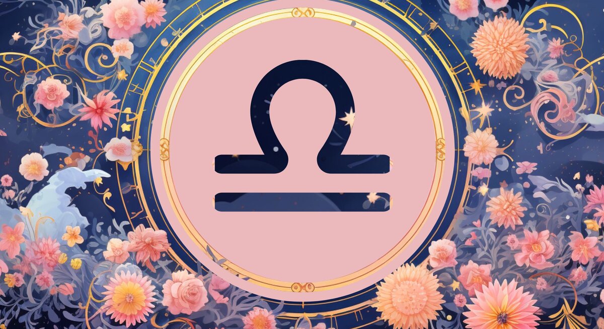 Jahreshoroskop Waage: Ein rundes astrologisches Symbol des Sternzeichens vor einem blauen Hintergrund voller floraler Ornamente und pastellenen pinkfarbenen Blumen, die sich darum herumranken.