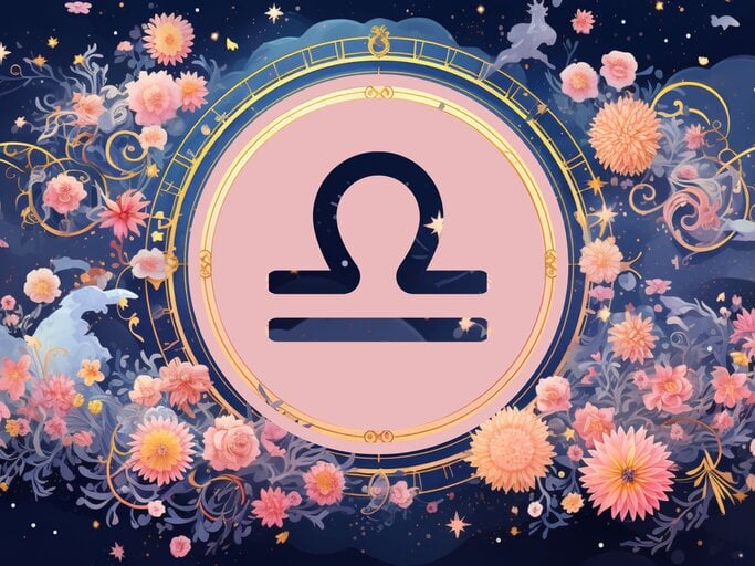 Jahreshoroskop Waage: Ein rundes astrologisches Symbol des Sternzeichens vor einem blauen Hintergrund voller floraler Ornamente und pastellenen pinkfarbenen Blumen, die sich darum herumranken. | © KI-generiert und Nack Thanakorn via Canva.com