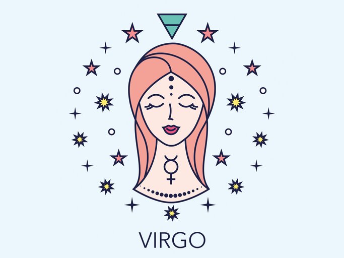 Zeichnung des astrologischen Symbols für das Sternzeichen Jungfrau vor hellblauem Hintergrund. | © Getty Images/goroskop