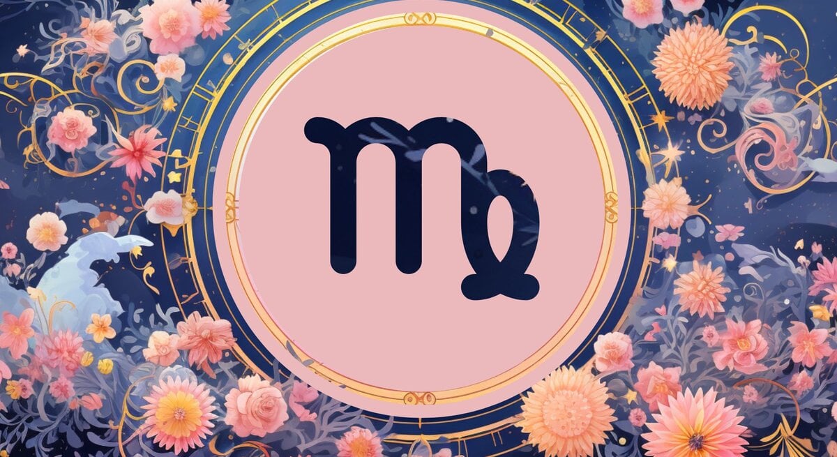 Jahreshoroskop Jungfrau: Ein rundes astrologisches Symbol des Sternzeichens vor einem blauen Hintergrund voller floraler Ornamente und pastellenen pinkfarbenen Blumen, die sich darum herumranken.