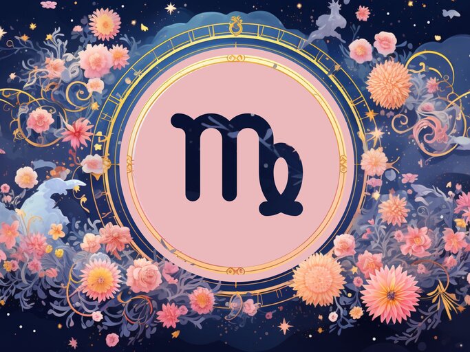 Jahreshoroskop Jungfrau: Ein rundes astrologisches Symbol des Sternzeichens vor einem blauen Hintergrund voller floraler Ornamente und pastellenen pinkfarbenen Blumen, die sich darum herumranken. | © KI-generiert und Nack Thanakorn via Canva.com
