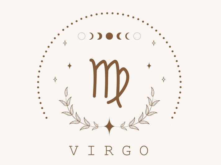 Zeichnung des astrologischen Symbols für das Sternzeichen Jungfrau auf hellem Untergrund, umrahmt von Punkten und dem Mond in seinen verschiedenen Phasen. | © Adobe Stock/ KeronnArt