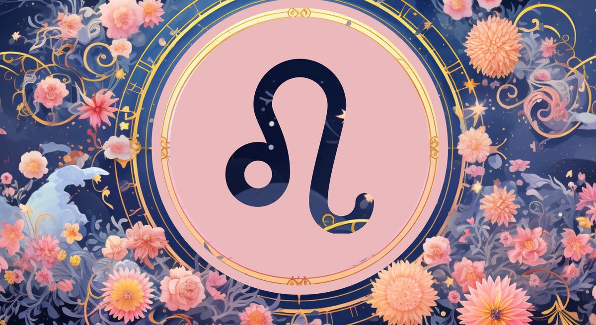 Jahreshoroskop Löwe: Ein rundes astrologisches Symbol des Sternzeichens vor einem blauen Hintergrund voller floraler Ornamente und pastellenen pinkfarbenen Blumen, die sich darum herumranken.