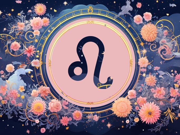 Jahreshoroskop Löwe: Ein rundes astrologisches Symbol des Sternzeichens vor einem blauen Hintergrund voller floraler Ornamente und pastellenen pinkfarbenen Blumen, die sich darum herumranken. | © KI-generiert und Nack Thanakorn via Canva.com