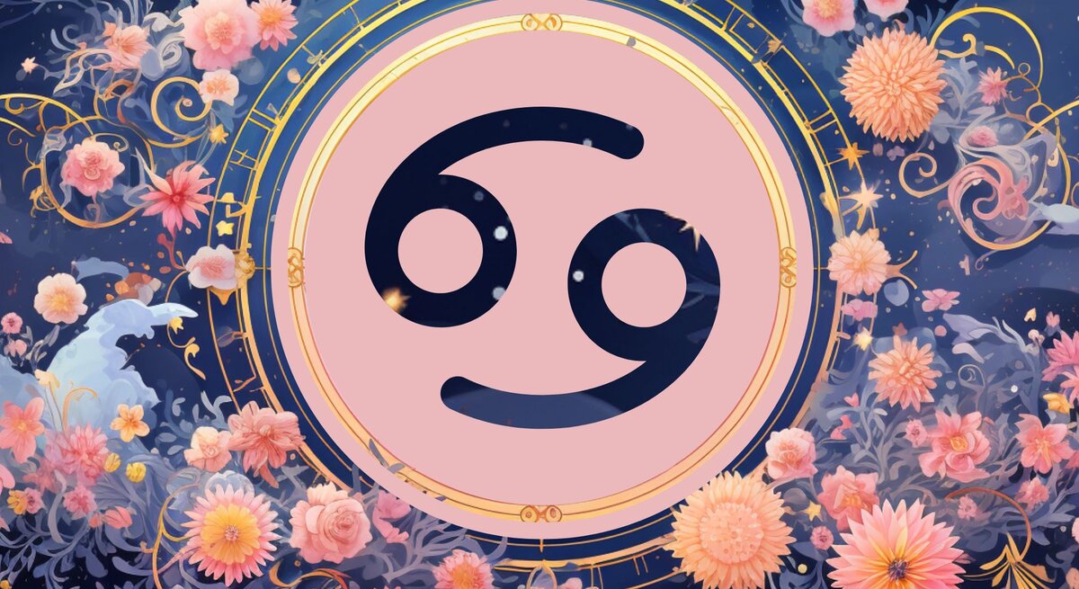 Jahreshoroskop Krebs: Ein rundes astrologisches Symbol des Sternzeichens vor einem blauen Hintergrund voller floraler Ornamente und pastellenen pinkfarbenen Blumen, die sich darum herumranken.