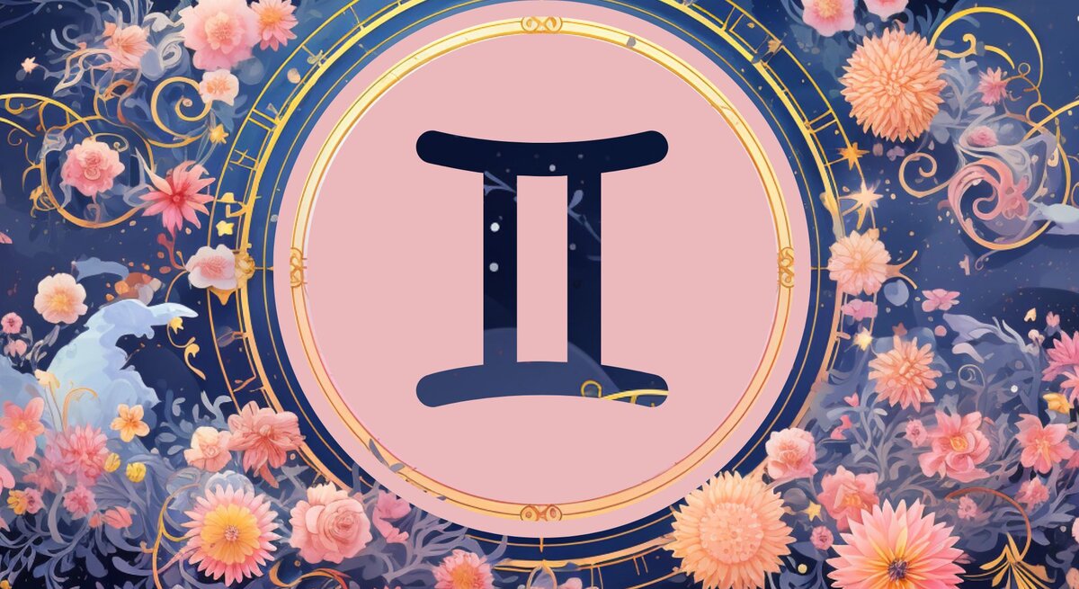 Jahreshoroskop Zwillinge: Ein rundes astrologisches Symbol des Sternzeichens vor einem blauen Hintergrund voller floraler Ornamente und pastellenen pinkfarbenen Blumen, die sich darum herumranken.