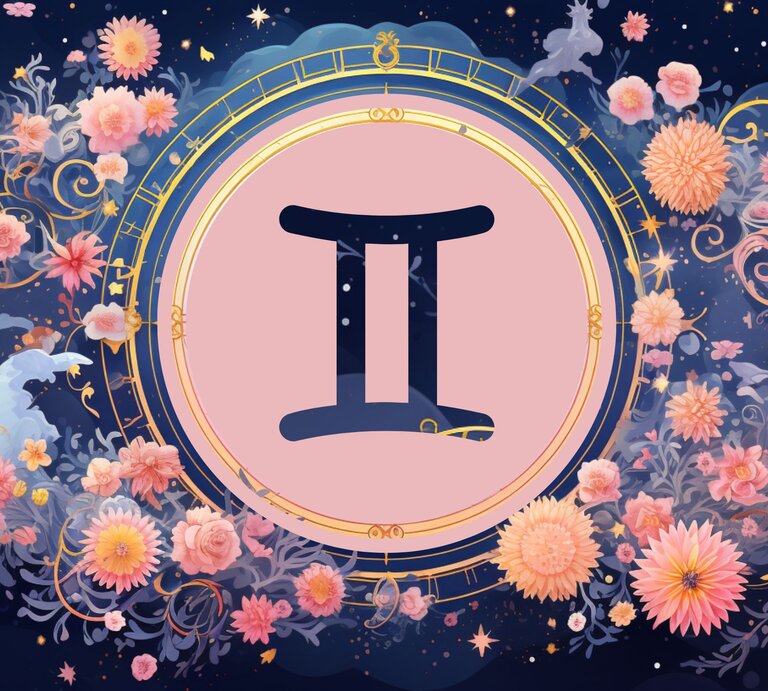 Jahreshoroskop Zwillinge: Ein rundes astrologisches Symbol des Sternzeichens vor einem blauen Hintergrund voller floraler Ornamente und pastellenen pinkfarbenen Blumen, die sich darum herumranken. | © KI-generiert und Nack Thanakorn via Canva.com