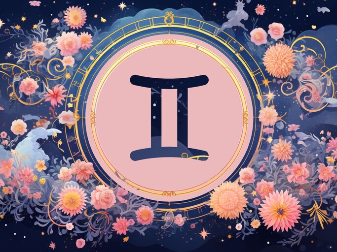 Jahreshoroskop Zwillinge: Ein rundes astrologisches Symbol des Sternzeichens vor einem blauen Hintergrund voller floraler Ornamente und pastellenen pinkfarbenen Blumen, die sich darum herumranken. | © KI-generiert und Nack Thanakorn via Canva.com