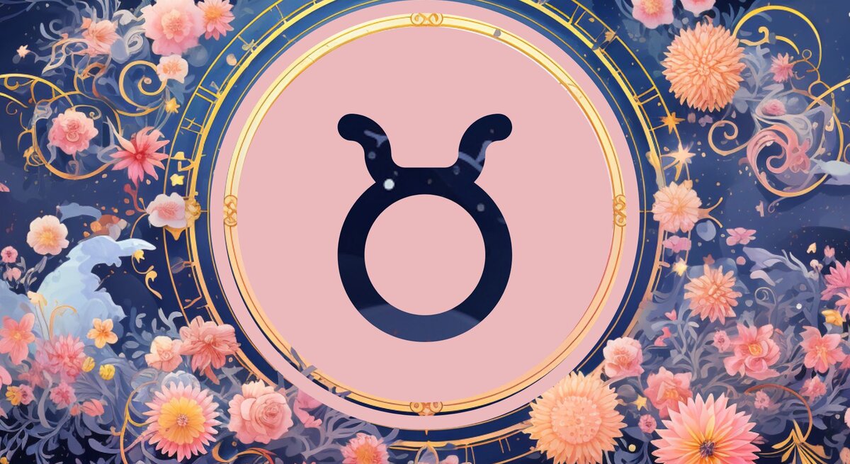 Jahreshoroskop Stier: Ein rundes astrologisches Symbol des Sternzeichens vor einem blauen Hintergrund voller floraler Ornamente und pastellenen pinkfarbenen Blumen, die sich darum herumranken.