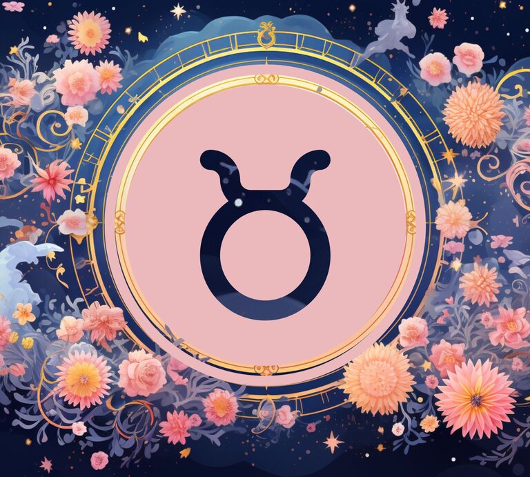 Jahreshoroskop Stier: Ein rundes astrologisches Symbol des Sternzeichens vor einem blauen Hintergrund voller floraler Ornamente und pastellenen pinkfarbenen Blumen, die sich darum herumranken. | © KI-generiert und Nack Thanakorn via Canva.com