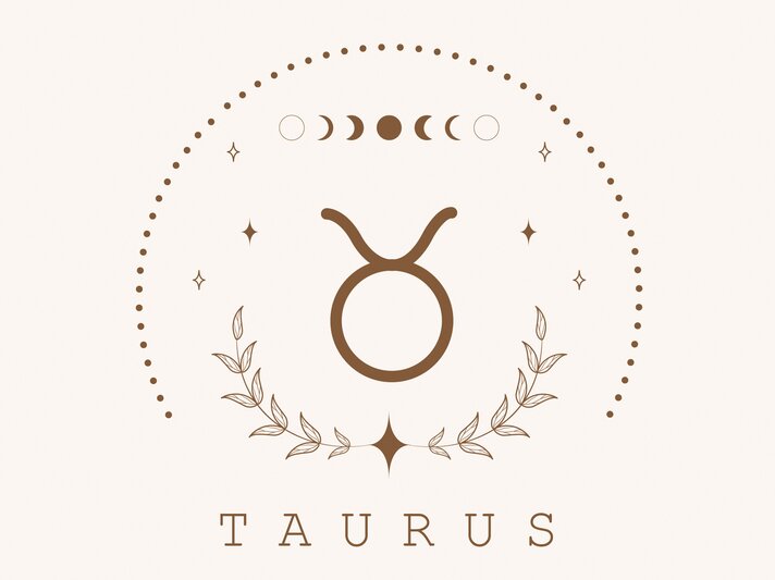 Zeichnung des astrologischen Symbols für das Sternzeichen Stier auf hellem Untergrund, umrahmt von Punkten und dem Mond in seinen verschiedenen Phasen. | © Adobe Stock/ KeronnArt