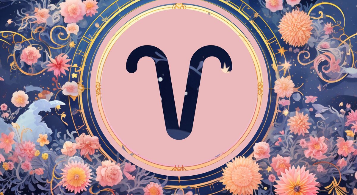 Jahreshoroskop Widder: Ein rundes astrologisches Symbol des Sternzeichens vor einem blauen Hintergrund voller floraler Ornamente und pastellenen pinkfarbenen Blumen, die sich darum herumranken.