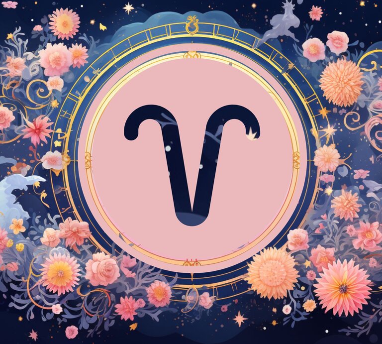 Jahreshoroskop Widder: Ein rundes astrologisches Symbol des Sternzeichens vor einem blauen Hintergrund voller floraler Ornamente und pastellenen pinkfarbenen Blumen, die sich darum herumranken. | © KI-generiert und Nack Thanakorn via Canva.com