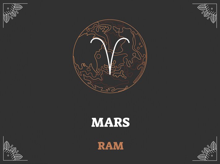 Grafik mit schwarzem Hintergrund, darauf das astrologische Symbol des Sternzeichens und der Herrscherplanet: Widder und Mars. | © Adobe Stock/ VectorMine