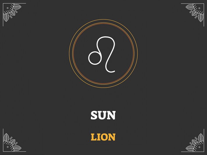 Grafik mit schwarzem Hintergrund, darauf das astrologische Symbol des Sternzeichens und der Herrscherplanet: Löwe und Sonne. | © Adobe Stock/ VectorMine