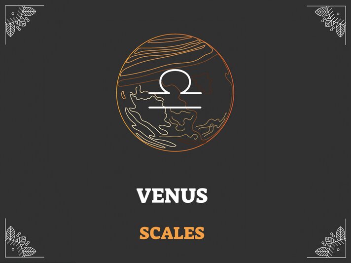 Grafik mit schwarzem Hintergrund, darauf das astrologische Symbol des Sternzeichens und der Herrscherplanet: Waage und Venus. | © Adobe Stock/ VectorMine