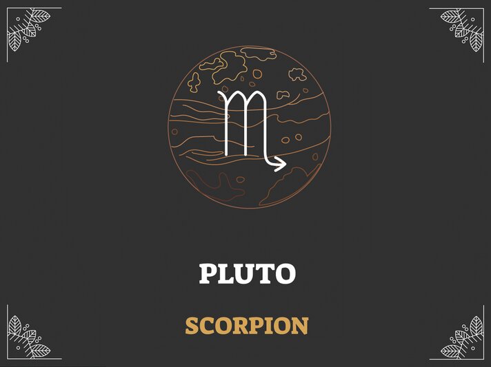 Grafik mit schwarzem Hintergrund, darauf das astrologische Symbol des Sternzeichens und der Herrscherplanet: Skorpion und Pluto. | © Adobe Stock/ VectorMine