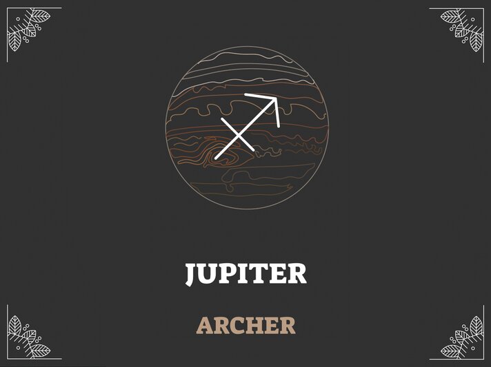 Grafik mit schwarzem Hintergrund, darauf das astrologische Symbol des Sternzeichens und der Herrscherplanet: Schütze und Jupiter. | © Adobe Stock/ VectorMine