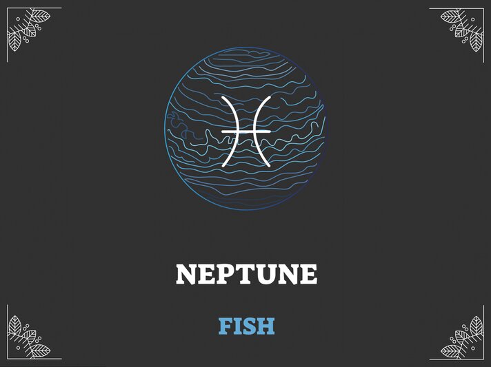 Grafik mit schwarzem Hintergrund, darauf das astrologische Symbol des Sternzeichens und der Herrscherplanet: Fische und Neptun. | © Adobe Stock/ VectorMine