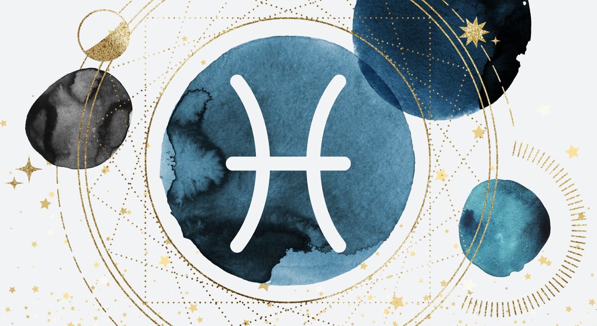Drei Planeten in Aquarelltechnik in der Farbe Blau kreisen um einen vierten auf goldenen Bahnen, auf denen kleinere goldene Planeten zu sehen sind. Innerhalb des Planeten im Zentrum ist das astrologische Symbol des Sternzeichens Fische zu sehen.