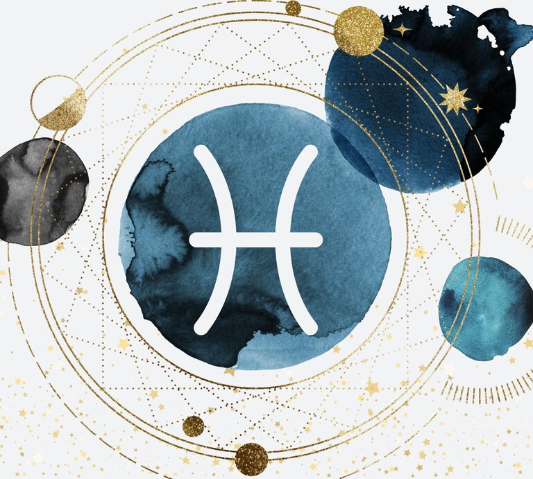 Drei Planeten in Aquarelltechnik in der Farbe Blau kreisen um einen vierten auf goldenen Bahnen, auf denen kleinere goldene Planeten zu sehen sind. Innerhalb des Planeten im Zentrum ist das astrologische Symbol des Sternzeichens Fische zu sehen. | © Larchtree/ Elena Roussanova, Vitali Barida und Anastezia Luneva via Canva.com [M]