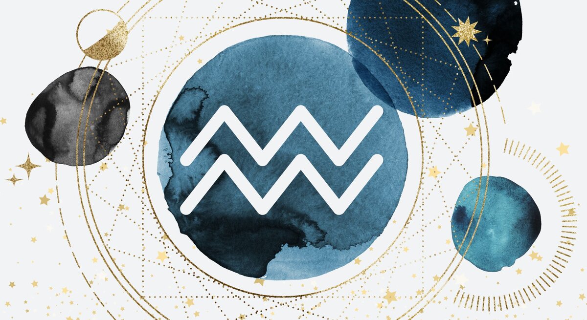Drei Planeten in Aquarelltechnik in der Farbe Blau kreisen um einen vierten auf goldenen Bahnen, auf denen kleinere goldene Planeten zu sehen sind. Innerhalb des Planeten im Zentrum ist das astrologische Symbol des Sternzeichens Wassermann zu sehen.
