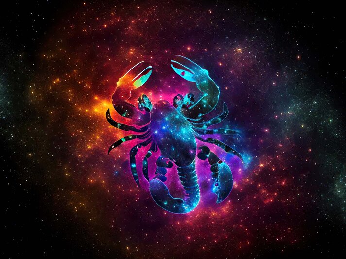 Zeichnung des astrologischen Symbols für das Sternzeichen Skorpion vor dem dunklen Universum mit Sternen und einem Nebel darum herum. | © Adobe Stock/ Lazy_Bear (KI-generiert)