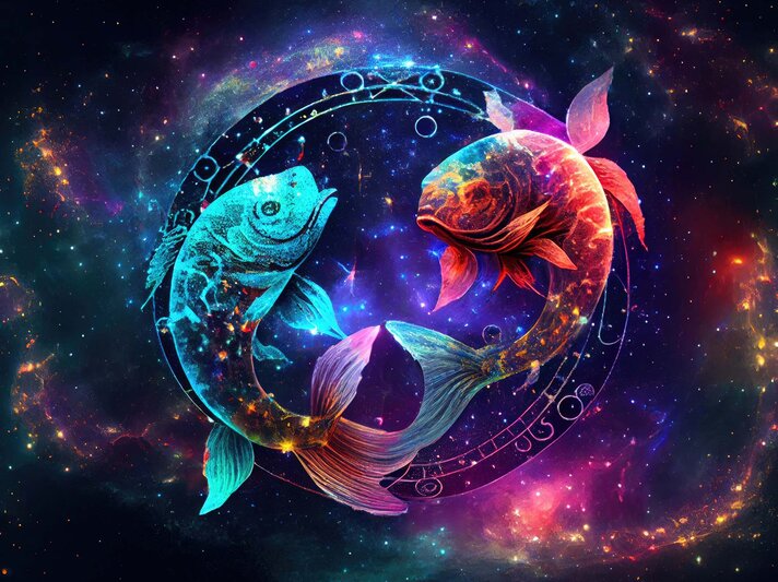 Zeichnung des astrologischen Symbols für das Sternzeichen Fische vor dem dunklen Universum mit Sternen und einem Nebel darum herum. | © Adobe Stock/ Lazy_Bear (KI-generiert)