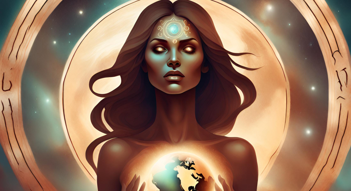 Göttin mit Erdzeichen und astrologischen Symbolen.